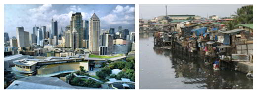 Skyscrapers in Manila contrast with shanties of the poor in the Philippines.